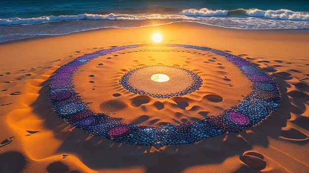 A vibrant detailed circle of stones illuminated by the sun atop a sandy beach