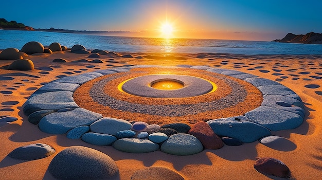 A vibrant detailed circle of stones illuminated by the sun atop a sandy beach