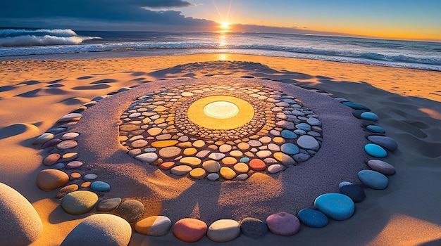 A vibrant detailed circle of stones illuminated by the sun atop a sandy beach