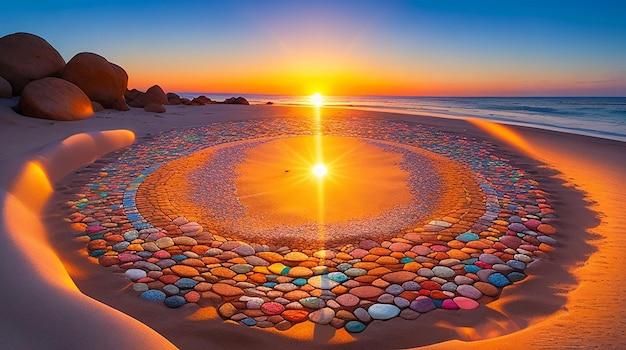 A vibrant detailed circle of stones illuminated by the sun atop a sandy beach