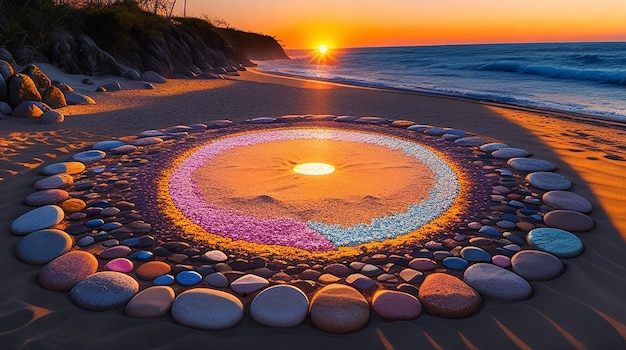 A vibrant detailed circle of stones illuminated by the sun atop a sandy beach