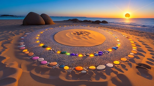 A vibrant detailed circle of stones illuminated by the sun atop a sandy beach