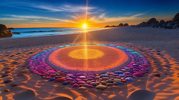 A vibrant detailed circle of stones illuminated by the sun atop a sandy beach