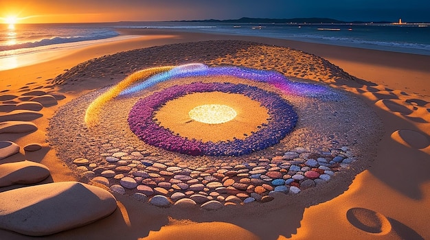 A vibrant detailed circle of stones illuminated by the sun atop a sandy beach