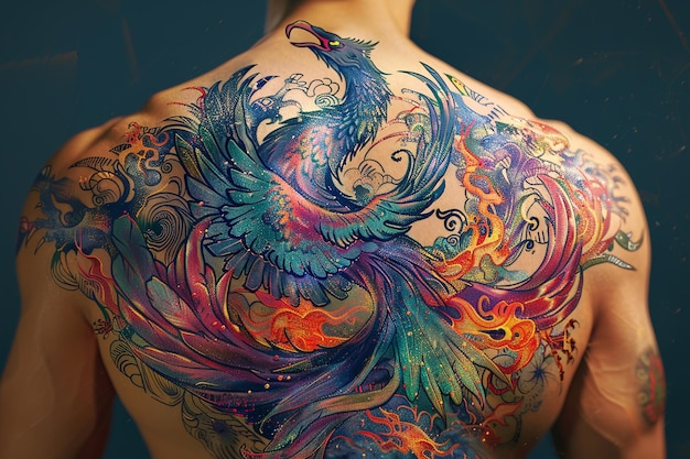 Vibrant Detailed Phoenix Tattoo with Fiery Feathers and Dynamic Pose Spreading Across a Back Colorful and Mythical Digital Art