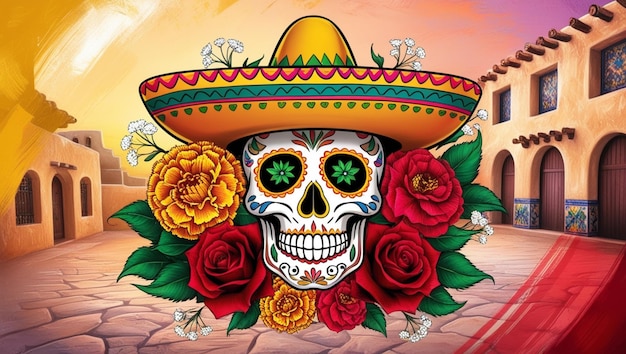 Vibrant and detailed skull with sombrero amidst traditional flowers for dia de los muertos Mexican