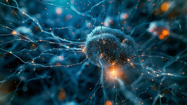 A vibrant detailed visual representation of a neuron cell with synapses and neural connections