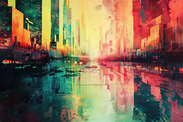 Vibrant digital art depicting a futuristic cityscape with reflections featuring abstract urban elements and bold colors in a cyberpunk style