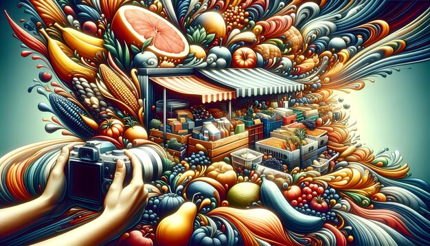 Photo vibrant digital art featuring people sharing a meal for world food day concept abstract and colorfu