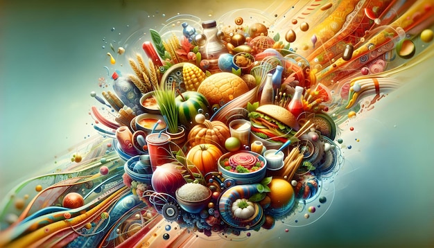 Photo vibrant digital art of people sharing a meal for world food day concept with glossy abstract element