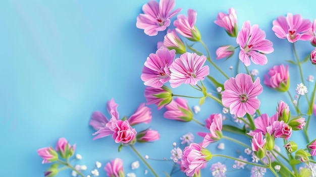 Vibrant digital art of pink flowers blooming profusely against a clear blue sky background