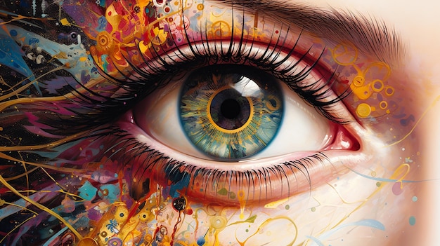 Photo vibrant digital artwork of a human eye with intricate steampunk elements and lively splashes of color merging realism with fantasy