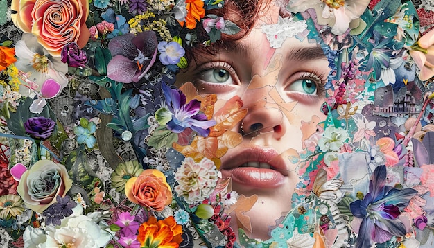 Vibrant digital collage of flowers and woman in profile Contemporary art concept for design