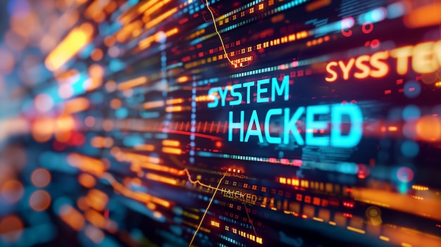 A vibrant digital display with the words 39SYSTEM HACKED39 illuminated indicating a cybersecurity breach