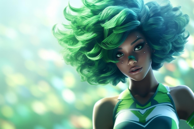 Vibrant digital illustration of a cheerleader in a green uniform with striking green wigs