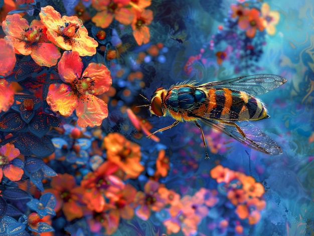 Vibrant Digital Illustration of a Hovering Bee Pollinating Bright Floral Blooms in a Dreamy Blue