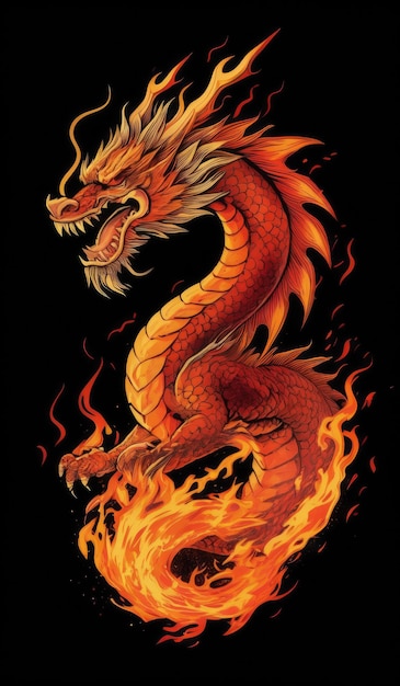 A vibrant digital illustration of an orange dragon surrounded by flames generate Ai