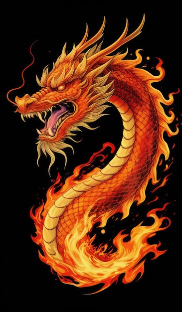 A vibrant digital illustration of an orange dragon surrounded by flames generate Ai