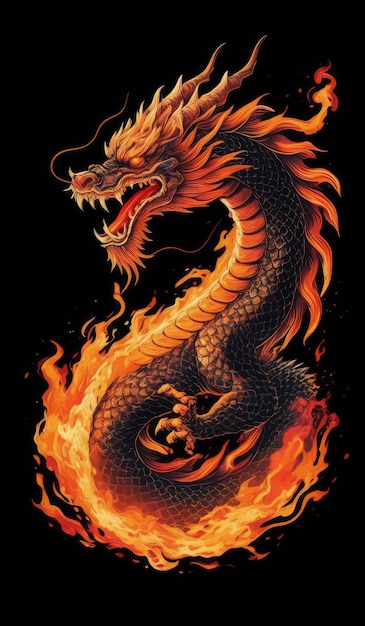 A vibrant digital illustration of an orange dragon surrounded by flames generate Ai