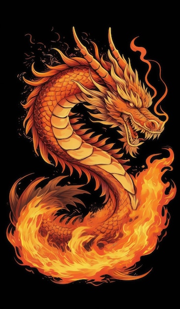 A vibrant digital illustration of an orange dragon surrounded by flames generate Ai