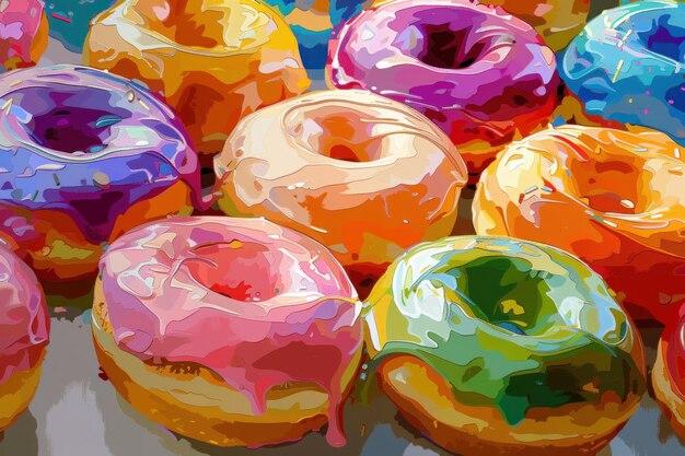 Photo vibrant digital illustration of a variety of colorful glazed donuts