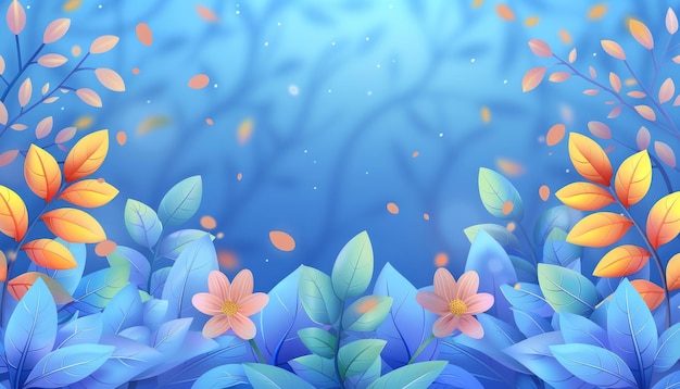 Vibrant digital illustration of whimsical blue forest with colorful leaves and soft particles