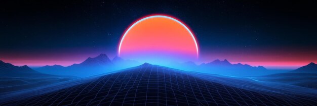 Photo a vibrant digital landscape with a retrofuturistic feel neon hues create a striking sunset ov