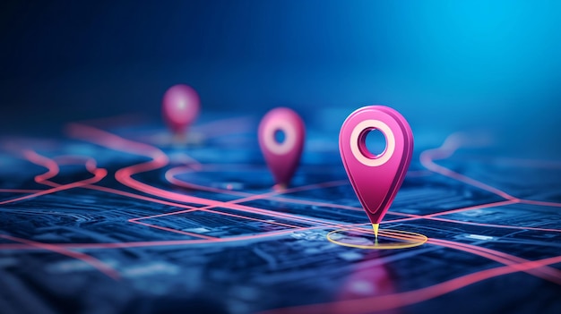 Vibrant digital map with glowing pink location pins on a dark background depicting modern GPS navigation technology in a visually striking way