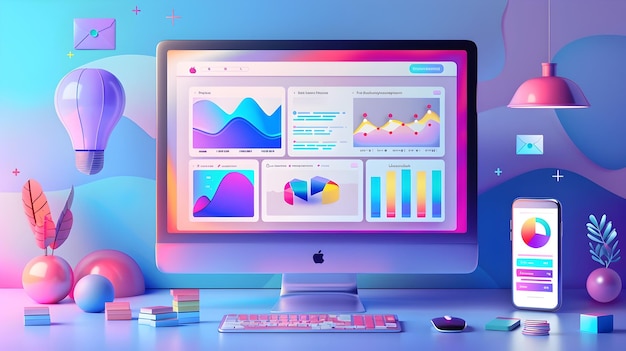 Vibrant Digital Marketing Workspace with Analytics Dashboards and Web Interface