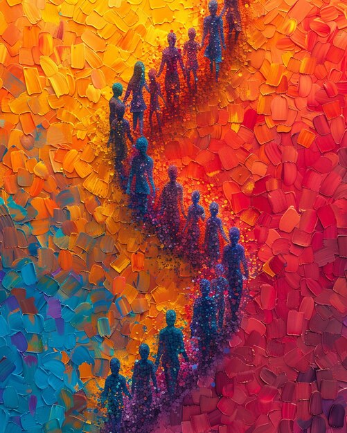 A vibrant digital mural of people from various walks of life coming together to form a human ribbon