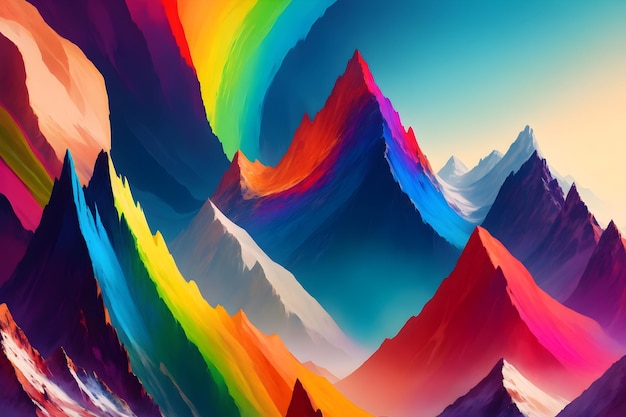 A vibrant digital painting of a mountain range with a rainbow of colors generated by Ai