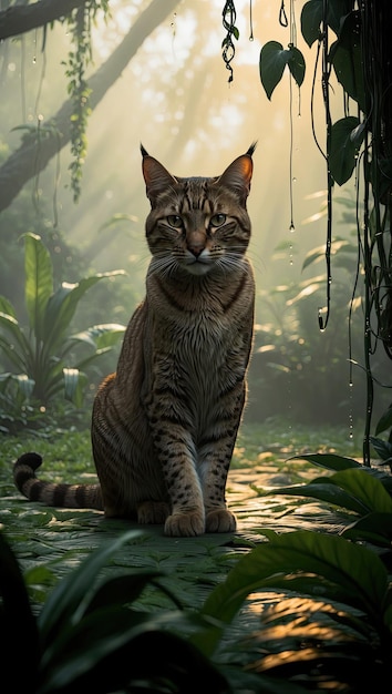 Photo vibrant digital photograph of a majestic cat poised on a misty jungle floor