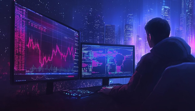 Vibrant digital trading matrix with vertical pixelated patterns and glowing accents