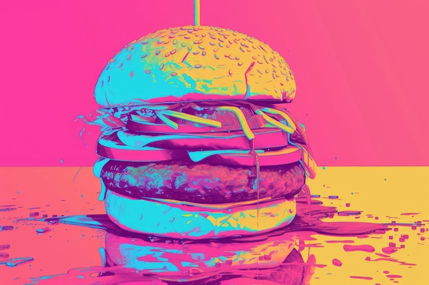 Photo vibrant digitally altered art piece featuring a multicolored burger