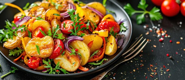 A vibrant dish of roasted potatoes and cherry tomatoes seasoned with fresh herbs and spices