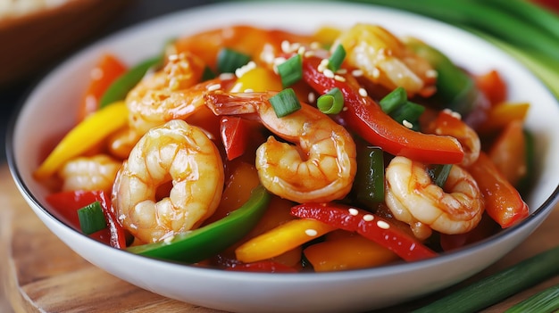 A vibrant dish of shrimp stirfry with colorful vegetables and garnished with sesame seeds