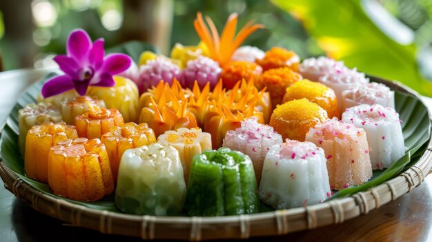 Photo a vibrant display of assorted traditional thai desserts beautifully arranged on a green leaf platter with decorative flowers