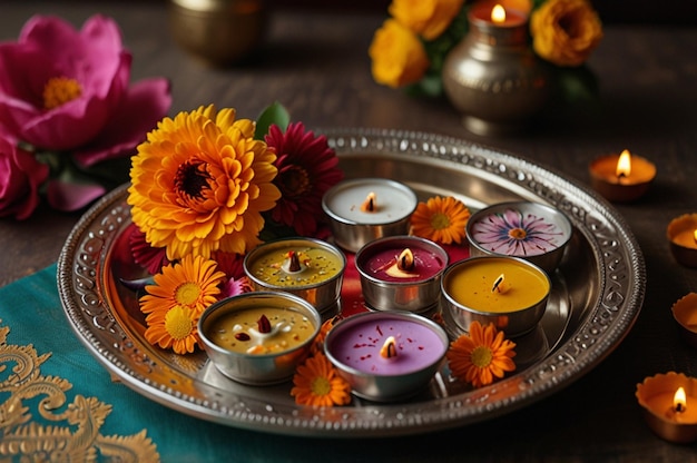 Photo a vibrant display of bhai dooj thali with sweets and tikka items