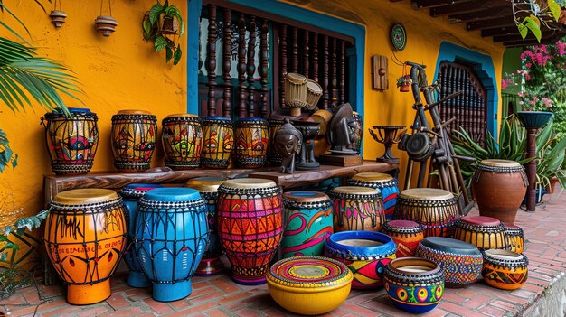 Vibrant display of Caribbean musical instruments including steel drums maracas and a colorfu