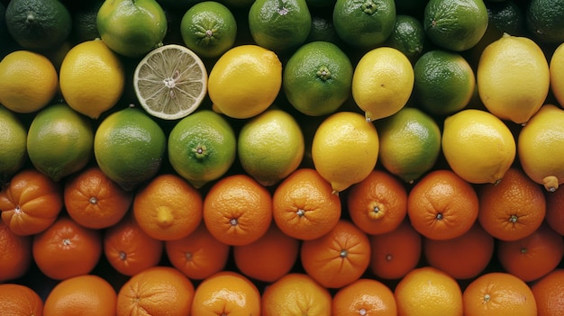 Photo a vibrant display of citrus fruits including oranges lemons and limes organized in neat rows and illuminated by natural light with one halfcut lime