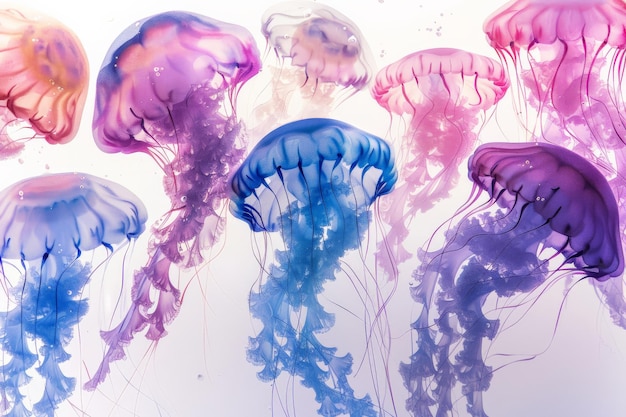 Photo a vibrant display of colorful jellyfish gracefully swimming in crystalclear water showcasing their ethereal beauty and elegance