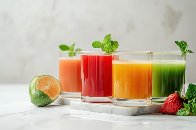 A vibrant display of colorful juices with fresh ingredients and mint for a refreshing drink