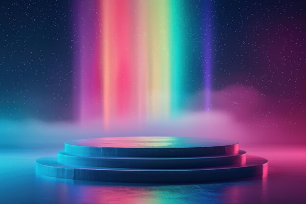 Vibrant display of colorful rainbow lights emanating from a circular platform Generative AI