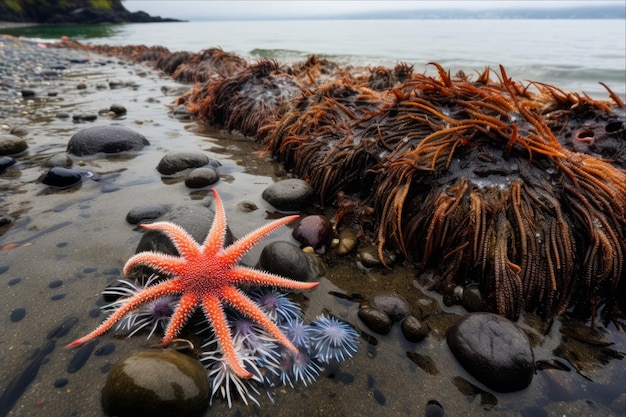 Photo vibrant display colorful starfish urchin and seashore splendor during low tide a 32 panorama