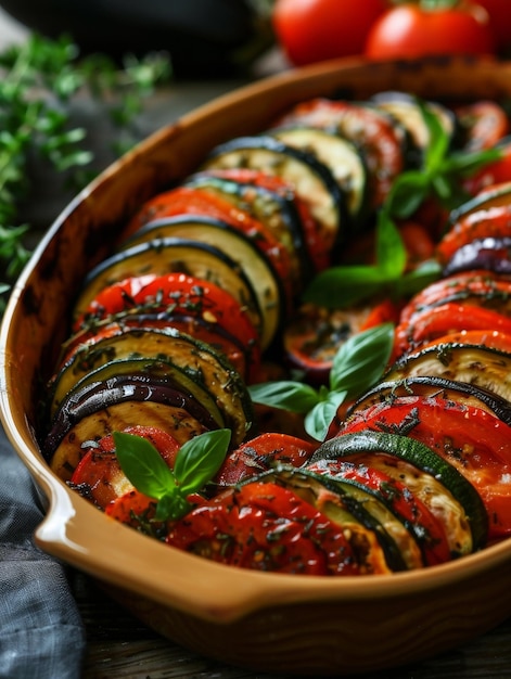 A vibrant display of French Ratatouille in a rustic baking dish featuring beautifully arranged colorful slices of zucchini and other vegetables