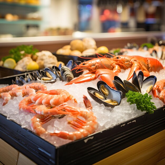 Photo vibrant display of fresh cj seafood products in an opentop display fridge