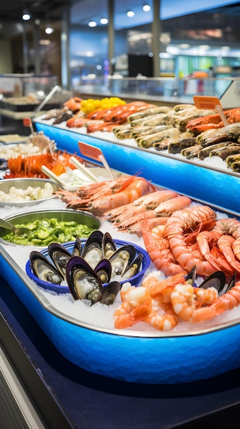 Photo vibrant display of fresh cj seafood products in an opentop display fridge