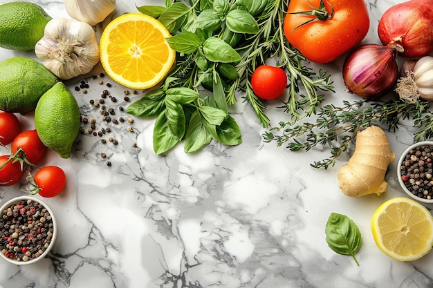 Vibrant display of fresh herbs and spices on marble background