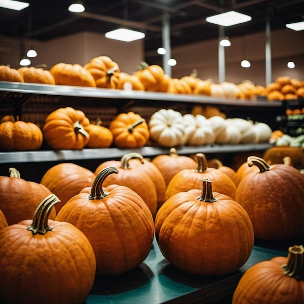 A vibrant display of fresh pumpkins fills the supermarket counter showcasing their rich orange color perfect for fall decor and seasonal cooking Generative AI