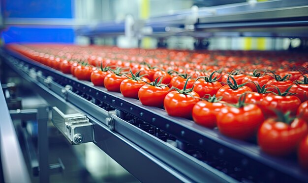 A Vibrant Display of Fresh Red Tomatoes on a Dynamic Conveyor Belt